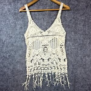 Phase One Crochet Top Womens Small Beige Fringe Sleeveless Boho Chic Festival